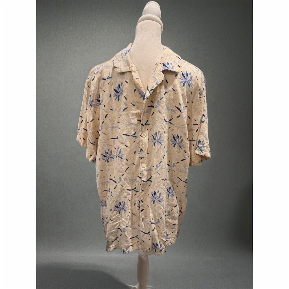 Porter & Ash Shirt Mens XL Beige Blue Floral Hawaiian Aloha Camp Collar